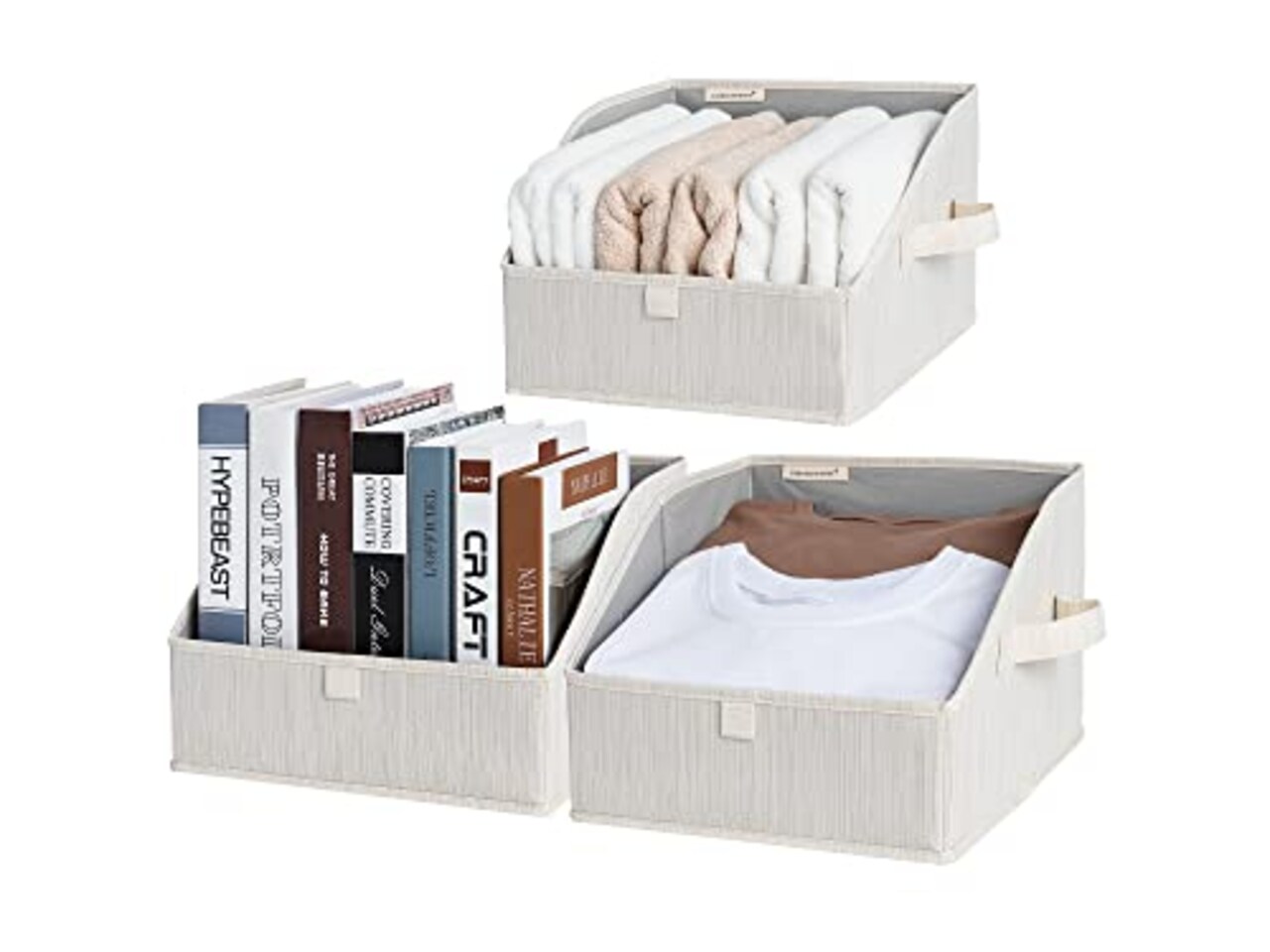 StorageWorks Closet Storage Bins, Trapezoid Storage Box for Shelves, Fabric Closet Bins and Organizing Baskets, Small, 3-Pack, Mixing of Beige, White & Ivory